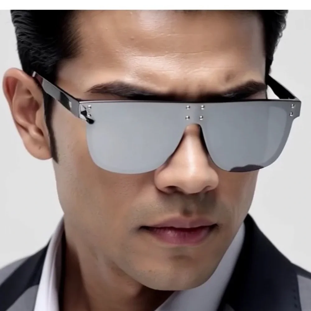 Flat Top Shield Sunglasses Silver Mirrored Lens Studded Accents Oversized Shades